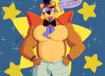  animatronic anthro big_breasts bow_tie breasts clothed clothing digital_media_(artwork) ear_piercing five_nights_at_freddy&#039;s five_nights_at_freddy&#039;s:_security_breach fur glamrock_freddy_(fnaf) hair hat headgear headwear hi_res humanoid looking_at_viewer machine male mammal muscular nipples piercing robot scottgames simple_background solo text top_hat ursid video_games 