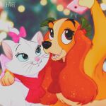  avoid_posting blue_eyes bow brown_body brown_eyes disney duo female feral holding_object lady_(lady_and_the_tramp) lady_and_the_tramp marie_(aristocats) oha phone pink_bow pink_phone red_scarf scarf selfie the_aristocats white_body 