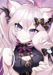  1girl ahoge animal_ears bare_shoulders bow breasts cat_ears cat_girl cat_tail eyebrows_visible_through_hair hair_between_eyes hair_bow highres looking_at_viewer medium_breasts nyatasha_nyanners official_art parted_lips pink_hair puppeteer7777 purple_eyes smile solo tail tail_bow tail_ornament teeth upper_body vshojo 