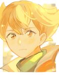  1boy barry_(pokemon) blonde_hair blurry blush border closed_mouth commentary_request green_scarf highres jacket male_focus omyo_(myomyomyo22) orange_eyes pokemon pokemon_(game) pokemon_dppt popped_collar portrait scarf short_hair signature solo white_border 