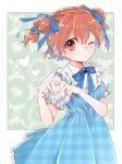 1girl arc_the_lad blush choko_(arc_the_lad) commentary dress flower hair_ribbon heart heart_hands izumi_kouyou looking_at_viewer one_eye_closed open_mouth protected_link red_eyes red_hair ribbon short_hair short_twintails solo twintails 