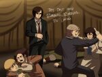  2girls 4boys alcohol anger_vein armin_arlert black_hair blonde_hair blush brown_hair clenched_hand closed_eyes connie_springer dancing drinking drunk english_text eren_yeager facial_hair false_smile formal grin happy highres imminent_punch jacket jean_kirchstein light_brown_hair long_sleeves lying meme mikasa_ackerman multiple_boys multiple_girls necktie on_stomach open_mouth pants ponytail sasha_braus shingeki_no_kyojin short_hair smile standing suit tina_fate 