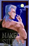  1boy blue_eyes cigarette earrings flattop full_moon grey_hair highres holding holding_cigarette jean_pierre_polnareff jewelry jojo_no_kimyou_na_bouken male_focus moon natapy1 solo stardust_crusaders 