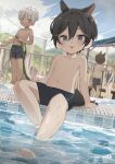  1girl 3boys absurdres bangs bare_legs bare_shoulders barefoot black_hair blue_eyes blue_sky cloud cloudy_sky commentary_request dark-skinned_male dark_skin day hair_between_eyes highres holding hose kemonomimi_mode looking_at_viewer male_focus male_swimwear mountainous_horizon multiple_boys navel nipples omurice_(roza4957) original outdoors pool poolside short_hair sitting sky swimsuit tail tongue water 