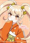  1girl absurdres bangs blonde_hair bow cat_hair_ornament closed_mouth danganronpa_(series) danganronpa_2:_goodbye_despair eyebrows_visible_through_hair furisode hair_bow hair_ornament hana_no_yo happy_birthday highres japanese_clothes kimono long_hair obi saionji_hiyoko sash solo twintails yellow_eyes 