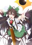  1girl ashigaruk bird_wings black_legwear black_wings blouse bow bright_pupils brown_hair eyebrows_visible_through_hair green_bow green_skirt hair_bow highres long_hair looking_at_viewer open_mouth red_eyes reiuji_utsuho skirt solo thighhighs third_eye touhou white_blouse white_pupils wings 