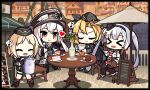  &gt;_&lt; 4girls bangs black_gloves blonde_hair cake cake_slice chair commentary cup cupcake eating eighth_note english_commentary flower food fork g43_(girls&#039;_frontline) garrison_cap girls&#039;_frontline gloves hat heart jacket kar98k_(girls&#039;_frontline) long_hair long_sleeves magazine_(object) menu_board mg42_(girls&#039;_frontline) military military_hat military_uniform mp40_(girls&#039;_frontline) multiple_girls musical_note necktie open_mouth outdoors parasol peaked_cap pleated_skirt red_eyes saru_(style) short_hair shorts silver_hair skirt spoken_heart spoken_musical_note sprite_art table teacup teapot the_mad_mimic town twintails umbrella uniform vase very_long_hair white_hair 