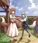  2girls animal_ears bangs basket blue_sky blush braid braided_ponytail brown_hair dress eye_contact fang fence food fruit highres holding holding_basket holo ice-coffee2019 legwear_under_shorts long_hair looking_at_another mother_and_daughter multiple_girls myuri_(spice_and_wolf) open_mouth pantyhose pink_dress pouch print_legwear red_eyes sash shoes shorts silver_hair skin_fang skirt sky smile spice_and_wolf standing tail wolf_ears wolf_girl wolf_tail wooden_fence 