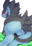 backsack balls black_body black_fur blue_body blue_fur blush butt butt_focus feral fur genitals hi_res looking_at_viewer looking_back luxray lying male mommomma114 multicolored_body multicolored_fur nintendo on_front pok&eacute;mon pok&eacute;mon_(species) solo tucked_tail video_games 