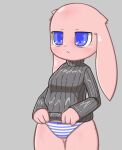  animated anthro areola big_breasts blue_areola blue_eyes blue_nipples bottomwear breasts clothed clothing clothing_lift female floppy_ears fur grey_background huge_breasts lagomorph leporid mammal nipples panties pattern_bottomwear pattern_clothing pattern_panties pattern_underwear pink_body pink_fur rabbit simple_background solo striped_bottomwear striped_clothing striped_panties striped_underwear stripes sweater topwear unasunas underwear 