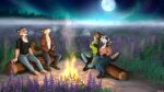  4322chan absurd_res anthro badger canid canine canis clothed clothing coyote detailed_background female fireplace fog fully_clothed grabbing_hands group hi_res honey_badger howl hyaenid lavender_(flower) light male mammal moon moonlight mustelid musteline night striped_hyena trunk yowl 