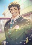  1boy black_hair blue_necktie blue_sky blurry blurry_background cherry_blossoms closed_eyes flower formal highres lapel_flower looking_at_viewer male_focus necktie notebook original pink_flower school shirt short_hair sky smile solo spiked_hair suit teacher teeth upper_body waku_(ayamix) white_shirt 