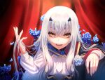  1girl bangs blue_dress breasts brown_eyes cape dress fairy_knight_lancelot_(fate) fate/grand_order fate_(series) highres long_hair long_sleeves looking_at_viewer open_mouth sidelocks small_breasts solo ugo_(artist) white_hair 