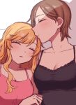  2girls aikawa_chinatsu bangs bare_shoulders black_tank_top blonde_hair breasts brown_hair chiyoko_(tykchiyo) cleavage closed_eyes idolmaster idolmaster_cinderella_girls large_breasts leaning_on_person long_hair multiple_girls ohtsuki_yui parted_lips pink_tank_top shiny shiny_hair short_hair tank_top 