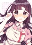  1girl absurdres apron bangs danganronpa_(series) danganronpa_2:_goodbye_despair eyebrows_visible_through_hair hair_behind_ear hana_no_yo highres long_hair mole nurse open_mouth pink_shirt polka_dot polka_dot_background puffy_short_sleeves puffy_sleeves purple_eyes purple_hair shirt short_sleeves solo tsumiki_mikan uniform 