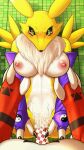  2d_animation animated bandai_namco big_breasts breasts canid canine digimon digimon_(species) double-comma duo female fid fox fur gazing genitals guilmon male male/female mammal nipples penis renamon sex simple_background textured_background white_body white_fur yellow_body 