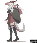  5_fingers anthro armor backpack bag boots breastplate clothed clothing dragon female fingers footwear fur green_eyes hair hi_res horn knee_guards mbf-p02 red_body red_fur red_hair scales simple_background solo white_background white_body white_fur white_hair 