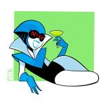  1girl blue_gloves blue_skin colored_skin cup deltarune drink drinking_glass english_text eyelashes gloves highres holding holding_drink jaliet_exe lying open_mouth queen_(deltarune) signature simple_background smile solo visor 
