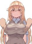  +_+ 1girl bangs blonde_hair blush breast_grab breasts brown_eyes grabbing large_breasts long_hair looking_at_viewer shiseki_hirame shokuhou_misaki solo_focus sweater_vest symbol-shaped_pupils toaru_kagaku_no_railgun toaru_majutsu_no_index 