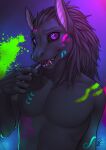  2022 anthro black_body black_fur black_hair black_sclera digital_media_(artwork) fur hair hi_res ldr looking_at_viewer male open_mouth purple_eyes smile solo teeth tongue 