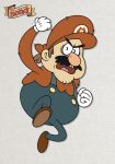  black_eyes brown_hair clenched_hands commentary copyright_name doc_shoddy english_commentary facial_hair full_body gloves grey_background hand_up hat highres long_sleeves looking_at_viewer mario mario_(series) mature_male mustache open_mouth red_headwear red_shirt shirt teeth the_marvelous_misadventures_of_flapjack tongue toon_(style) v-shaped_eyebrows white_gloves 