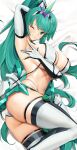  1girl armpits bangs bikini black_gloves breasts elbow_gloves eyebrows_visible_through_hair gloves green_eyes green_hair highres large_breasts long_hair lying navel on_side one_eye_closed parted_lips pneuma_(xenoblade) ponytail presenting_armpit smile solo swimsuit thighhighs tiara tony_guisado two-tone_gloves untied untied_bikini white_bikini white_gloves white_legwear xenoblade_chronicles_(series) xenoblade_chronicles_2 