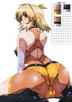  1girl ass blush bodysuit breasts brown_hair cameltoe covered_navel from_behind hair_ornament hairclip highres looking_at_viewer looking_back medium_breasts orange_eyes senki_zesshou_symphogear shiny shiny_hair shiny_skin short_hair sitting skin_tight smile solo tachibana_hibiki_(symphogear) tappa_(esperanza) wariza white_background 