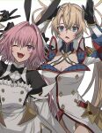  1boy 1girl ;d ahoge animal_ears arm_up armor astolfo_(fate) astolfo_(saber)_(fate) bangs black_bow black_bowtie black_gloves black_shirt blonde_hair blue_eyes bow bowtie bradamante_(fate) braid breasts bunny_pose buttons cleavage coat collarbone commentary_request cowboy_shot crossed_bangs crown_braid detached_collar detached_sleeves double-breasted dress elbow_gloves eyebrows_visible_through_hair fake_animal_ears fang fate/grand_order fate_(series) faulds french_braid gloves hair_between_eyes hair_bow hair_intakes highleg highleg_leotard highres large_breasts leotard long_hair long_sleeves looking_at_viewer low_twintails multicolored_hair none_(kameko227) one_eye_closed open_mouth otoko_no_ko pink_hair purple_eyes rabbit_ears shirt short_sleeves sidelocks simple_background skin_fang smile standing streaked_hair sweat twintails two-tone_gloves two-tone_leotard v very_long_hair white_background white_coat white_dress white_gloves white_hair white_leotard white_sleeves 