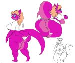  2007 anthro big_breasts big_butt breasts butt clothing dragon eyewear female genitals glasses huge_butt ineffective_clothing kneeling looking_back medium_breasts non-mammal_breasts overweight overweight_anthro overweight_female pink_body pussy raised_tail scalie simple_background solo tight_clothing tori_(dharken) under_boob vdisco white_background wide_hips 