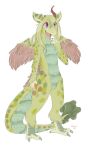  2017 3_fingers 3_toes ambiguous_gender anthro breasts broken_horn brown_body brown_feathers churroshiba claws dessert doughnut dragon fangs feathers featureless_breasts featureless_crotch feet fingers food fur green_body green_fur green_hair hair hi_res horn hybrid kyisha open_mouth pink_eyes scales simple_background solo talons teeth toes tongue white_background 