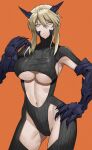  1girl armpit_cutout armpits artoria_pendragon_(fate) artoria_pendragon_(lancer_alter)_(fate) bangs black_bodysuit blonde_hair bodysuit braid breasts center_opening closed_mouth clothing_cutout commentary_request covered_collarbone cowboy_shot crotch_cutout eyebrows_visible_through_hair fate/grand_order fate_(series) french_braid gauntlets gloves groin hair_between_eyes hand_on_hip hand_up highres horns large_breasts long_hair looking_at_viewer navel none_(kameko227) orange_background revealing_clothes sidelocks simple_background solo standing stomach taut_clothes thighhighs underboob yellow_eyes 