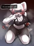 absurd_res anthro blood bodily_fluids breasts cleavage clothed clothing english_text female fur hair hi_res highlights_(coloring) kneeling mammal pink_highlights sleepiness18 solo text torn_clothing white_body white_fur white_hair 