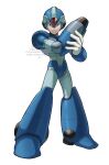  1boy absurdres android arm_cannon armor blue_armor closed_mouth commentary english_text full_body green_eyes helmet highres legs_apart looking_at_viewer male_focus mega_man_(series) mega_man_x_(series) robot shadow simple_background solo standing tanaka_(is2_p) weapon white_background x_(mega_man) 