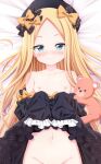 1girl abigail_williams_(fate) ayase_midori bangs bed_sheet black_bow black_dress black_headwear blonde_hair blue_eyes blush bow breasts bug butterfly closed_mouth clothes_lift clothes_pull collarbone dakimakura_(medium) dress dress_lift dress_pull fate/grand_order fate_(series) forehead groin hair_bow hat lifted_by_self long_hair long_sleeves looking_at_viewer lying navel nipples nose_blush on_back orange_bow parted_bangs polka_dot polka_dot_bow sleeves_past_fingers sleeves_past_wrists small_breasts smile solo stuffed_animal stuffed_toy teddy_bear upper_body very_long_hair 