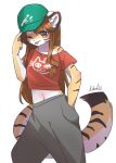  2022 absurd_res anthro baseball_cap blep bottomwear breasts brown_body brown_eyes brown_fur brown_hair clothed clothing felid female fur hair hand_in_pocket hat headgear headwear hi_res kemono konatsu-chan mammal midriff multicolored_body multicolored_fur multicolored_tail nachiwanko navel off_shoulder one_eye_closed pantherine pants pockets shirt signature simple_background solo tiger tongue tongue_out topwear white_background white_body white_fur wink yellow_body yellow_fur 