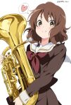  1girl absurdres artist_name bangs blush brown_eyes brown_hair brown_shirt brown_skirt closed_mouth euphonium heart hibike!_euphonium highres holding holding_instrument instrument kitauji_high_school_uniform long_sleeves looking_at_viewer neckerchief oumae_kumiko pleated_skirt red_neckerchief sailor_collar school_uniform serafuku shirt short_hair signature simple_background skirt smile solo speech_bubble standing white_background white_gorilla_(okamoto) white_sailor_collar 