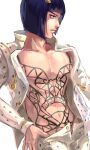  1boy bangs bare_pectorals black_hair blue_eyes blunt_bangs bob_cut bruno_buccellati chest_tattoo hair_ornament highres jojo_no_kimyou_na_bouken male_focus natapy1 open_clothes open_fly open_shirt partially_undressed pectorals solo tattoo vento_aureo 