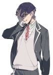  1boy 6tnut9 artist_name bandaged_arm bandages bangs beige_sweater buttons collared_jacket collared_shirt green_eyes hair_between_eyes jacket kenmochi_touya long_sleeves male_focus necktie nijisanji one_eye_covered purple_hair shirt short_hair simple_background solo virtual_youtuber white_background white_shirt wing_collar 