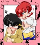  1boy 1girl absurdres black_hair blue_eyes blush breasts fang heart hibiki_ryouga highres nipples ranma-chan ranma_1/2 shorts star_(symbol) suzusato_rinka 