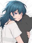  1girl absurdres bangs banned_artist bare_shoulders bed_sheet blue_eyes blue_hair bra byleth_(fire_emblem) byleth_(fire_emblem)_(female) commentary_request fire_emblem fire_emblem:_three_houses highres holding holding_stuffed_toy long_hair looking_at_viewer object_hug off-shoulder_shirt off_shoulder one_eye_closed parted_lips see-through shimizu_akina shirt short_sleeves solo stuffed_toy underwear upper_body white_shirt 