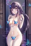  1girl bangs beads blue_butterfly blurry blurry_background blush braid braided_ponytail breasts bug butterfly chinese_commentary cleavage closed_mouth completely_nude covering covering_breasts covering_crotch dated earrings eyebrows_visible_through_hair genshin_impact hair_ornament highres jewelry long_hair looking_at_viewer medium_breasts miaogujun nail_polish navel nude purple_eyes purple_hair raiden_shogun signature solo stomach underboob 