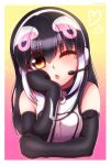  1girl african_penguin_(kemono_friends) black_gloves black_hair gloves highres hikarikmy kemono_friends kemono_friends_v_project long_hair looking_at_viewer microphone multicolored_hair open_mouth shirt simple_background skirt smile solo tail virtual_youtuber white_shirt 
