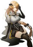  1girl arknights black_bow black_gloves black_legwear black_skirt bow breasts brown_hair commentary elbow_gloves feet_out_of_frame gloves grey_sweater hair_bow hand_up highres horns indai_(3330425) large_breasts long_hair low-tied_long_hair meteorite_(arknights) miniskirt pencil_skirt pointy_ears puffy_sleeves simple_background sitting skirt solo sweater thighhighs thighs turtleneck turtleneck_sweater very_long_hair white_background yellow_eyes zettai_ryouiki 