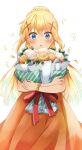  1girl :o absurdres alternate_costume bangs blonde_hair blue_eyes blush bouquet bow braid breasts darkness_(konosuba) dress eyebrows_visible_through_hair flower hair_ornament highres holding kono_subarashii_sekai_ni_shukufuku_wo! long_hair orange_bow orange_dress petals ponytail shiny shiny_hair wrist_bow x_hair_ornament yuno_(suke_yuno) 