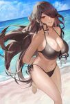  1girl absurdres beidou_(genshin_impact) bikini black_bikini blush breasts brown_hair cozyu eyepatch genshin_impact grin hair_over_one_eye half_updo highres large_breasts long_hair looking_at_viewer red_eyepatch red_eyes smile solo swimsuit thighs 