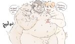  2022 anthro balls belly big_belly blush bodily_fluids canid canine canis domestic_dog dragon_night800 eyewear flaccid genitals glasses group hi_res humanoid_hands kemono lactating male male/male male_lactation mammal moobs nipples obese obese_male overweight overweight_male penis simple_background small_penis suid suina sus_(pig) text ursid wild_boar 