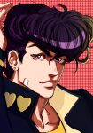  1boy absurdres diamond_wa_kudakenai earrings heart higashikata_josuke highres jewelry jojo_no_kimyou_na_bouken looking_at_viewer male_focus messy_hair purple_eyes purple_hair reiko_(kj40536) smile solo 