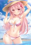  1girl arm_up armpits ass_visible_through_thighs bare_arms bare_shoulders bikini braid breasts cleavage collarbone commission contrapposto front-tie_bikini front-tie_top halterneck hand_up hat long_hair looking_at_viewer medium_breasts navel nikoo original pink_eyes pink_hair pointy_ears side-tie_bikini sidelocks skeb_commission smile solo standing stomach sun_hat swimsuit wading water white_bikini 