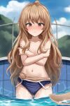  1girl 3: absurdres aisaka_taiga ass_visible_through_thighs blue_swimsuit blurry blurry_background blush breast_padding brown_eyes chain-link_fence clothes_pull collarbone commentary competition_school_swimsuit cover covering covering_breasts cowboy_shot day fence flat_chest highres light_brown_hair long_hair looking_at_viewer outdoors pool school_swimsuit shengtian sky solo summer swimsuit swimsuit_pull thigh_gap topless toradora! very_long_hair water wet 