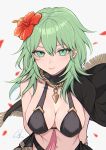  1girl absurdres arms_behind_back bangs banned_artist bare_shoulders bikini black_bikini black_cape breasts byleth_(fire_emblem) byleth_(fire_emblem)_(female) cape commentary fire_emblem fire_emblem:_three_houses fire_emblem_heroes flower green_eyes green_hair hair_between_eyes hair_flower hair_ornament hibiscus highres large_breasts long_hair looking_at_viewer navel red_flower shimizu_akina smile solo stomach swimsuit symbol-only_commentary upper_body 